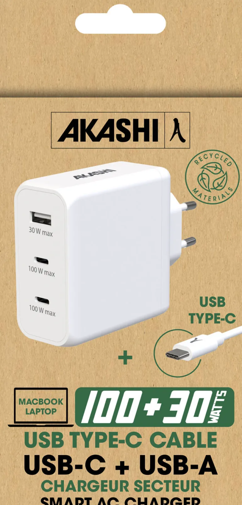 AKASHI CHARG/SECT/INTEL USB-C 3A 100W USB 30W< Téléphone Mobile
