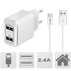 AKASHI c/secteur 2 usb 2a1 + usb-c blanc< Téléphone Mobile