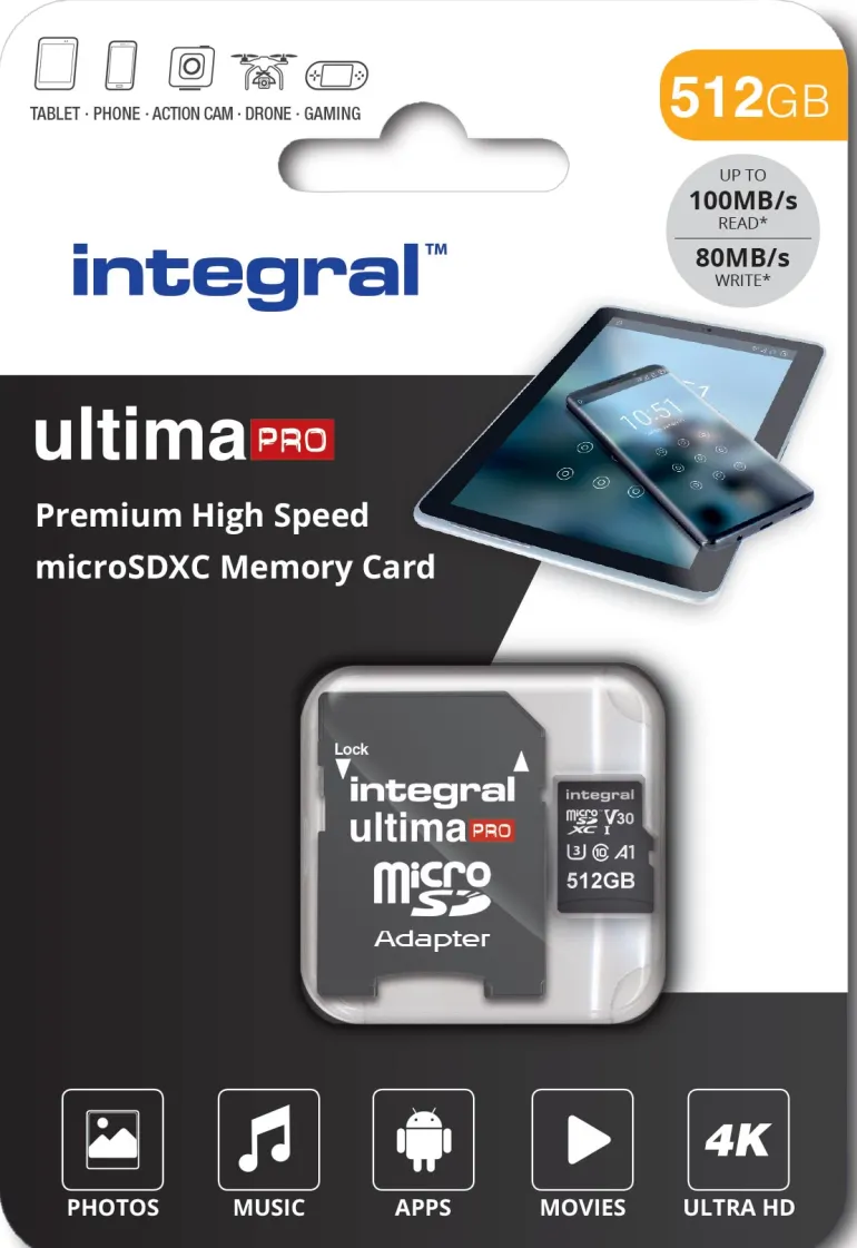 INTEGRAL msdxc 512 gb uhs1 u1 cl10 v30 80mb/s.< Stockage