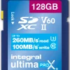INTEGRAL sdxc 128gbcl10 uhs2 u3 v60 260mb/100mb/s< Stockage