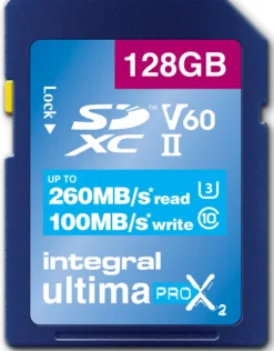 INTEGRAL sdxc 128gbcl10 uhs2 u3 v60 260mb/100mb/s< Stockage