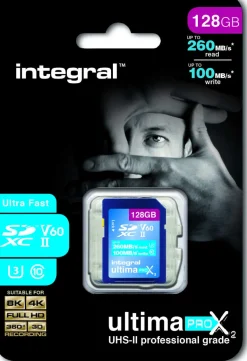 INTEGRAL sdxc 128gbcl10 uhs2 u3 v60 260mb/100mb/s< Stockage
